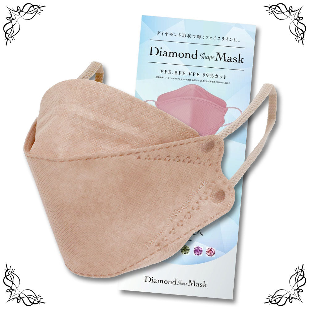 【Diamondshape Mask ピンクベージュ 個包装30枚入り】　ダイヤモンド形状で輝くフェイスラインに。 人気の血色カラーマスクで新登場。