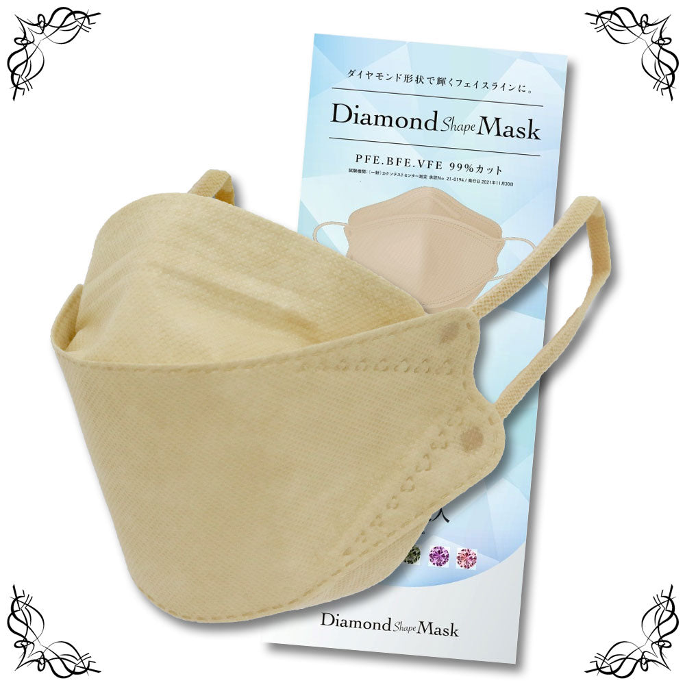 【Diamondshape Mask ベージュ 個包装30枚入り】　ダイヤモンド形状で輝くフェイスラインに。 人気の血色カラーマスクで新登場。
