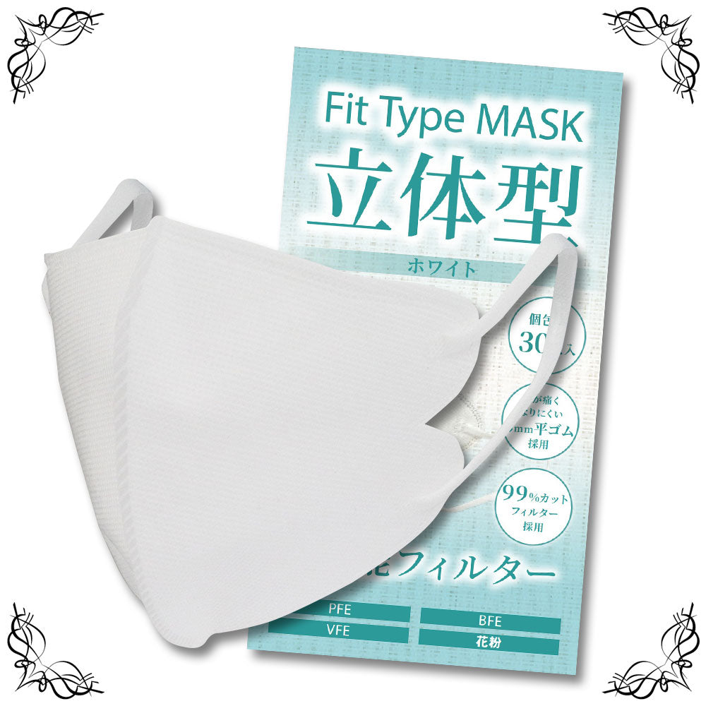【Fit Type Mask ホワイト 30枚入】　顔にフィットする立体型マスクが 人気の血色カラーで登場！