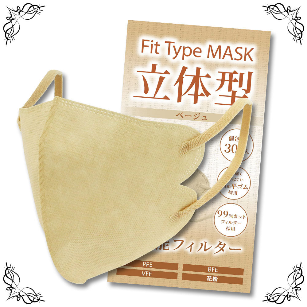 【Fit Type Mask ベージュ 30枚入】　顔にフィットする立体型マスクが 人気の血色カラーで登場！