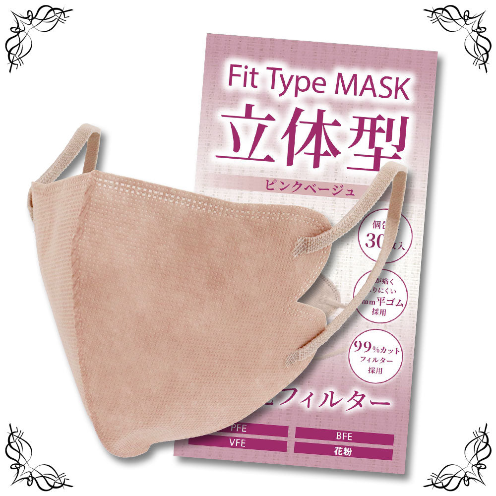 【Fit Type Mask ピンクベージュ 30枚入】　顔にフィットする立体型マスクが 人気の血色カラーで登場！